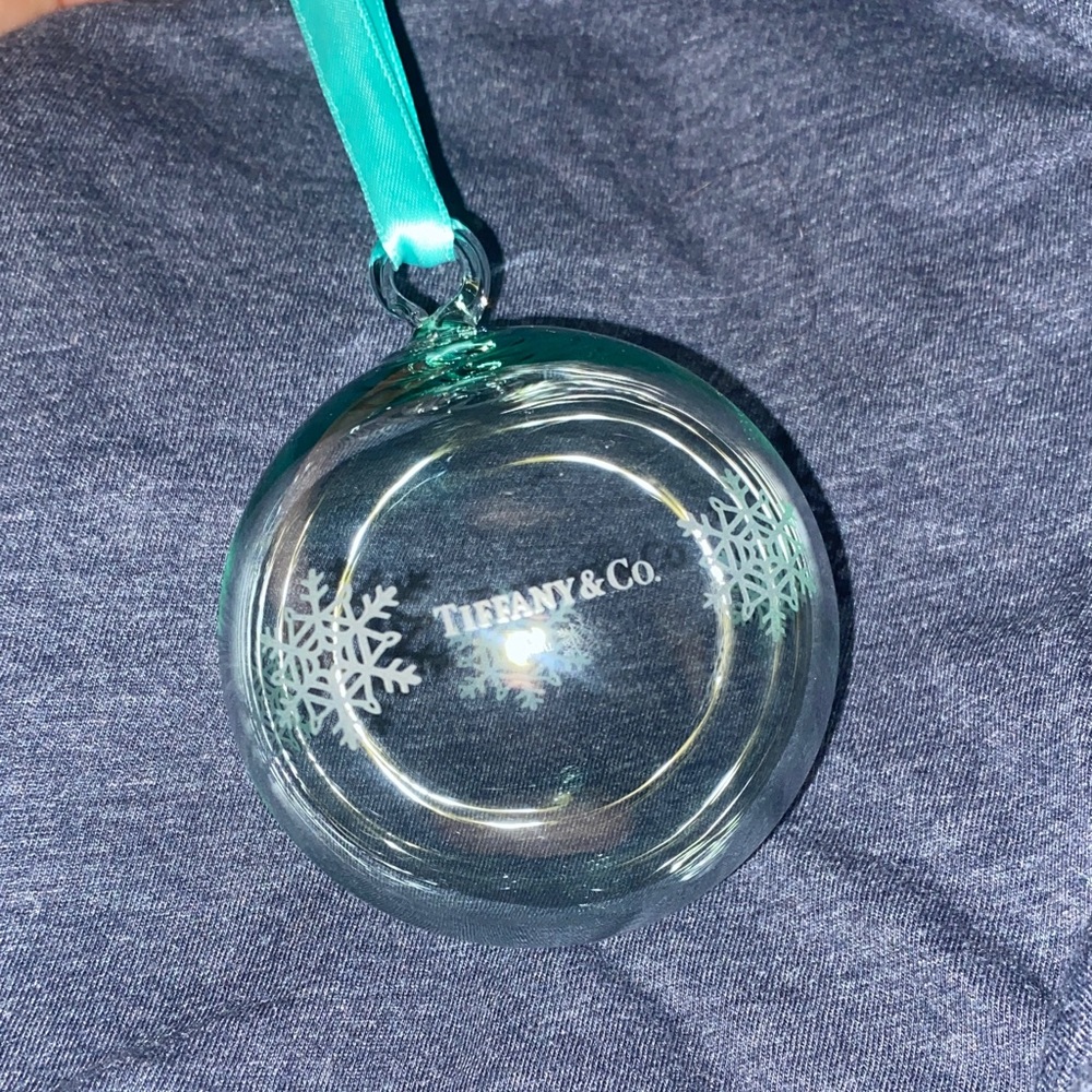 Tiffany & Co. Clear Glass Ornament with White Snowflakes